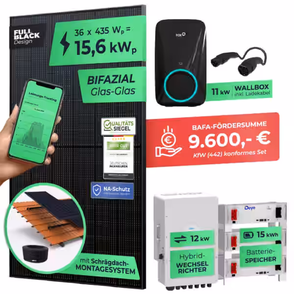SOLARWAY 15kW Solaranlage mit Speicher – Elektromobilität Komplettset (36x bifaziale Panels), Deye SUN-12K-SG04LP3 (12 kW Ausgang), Go-e 11 kW Wallbox + Controller, Deye 15 kWh Speicher, inkl. Montagesystem, App & WiFi | BAFA KfW 442 konform