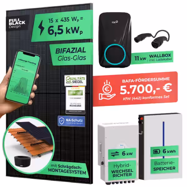 SOLARWAY 6,3kW Solaranlage mit Speicher – Elektromobilität Komplettset (15x bifaziale Panels), Deye SUN-6K-SG04LP3 (6 kW Ausgang), Go-e 11 kW Wallbox + Controller, Deye 6 kWh Speicher, inkl. Montagesystem, App & WiFi | BAFA KfW 442 konform