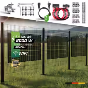 Zaun-PV-Anlage 2000W - Das Powerset von Solarscouts Mit unserem 2000W Zaun-PV-Powerset können Sie effektiv Ihre Stromkosten senken und gleichzeitig einen Beitrag zum Umweltschutz leisten. Die Anlage lässt sich einfach an Ihrem Zaun montieren und ermöglicht es Ihnen