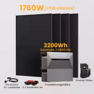 Anker Solix Solarbank 2 E1600 Pro 3200Wh Balkonkraftwerk Set, mit Smarter Zähler - Solarbank 2 E1600 Pro + 4 x 440Wp Bifaziale Solarmodule + Erweiterungsakku / ohne Halterung / Abholung Berlin