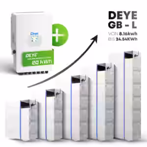 Deye 20 kW Hochvolt Komplettset - Speicherlösungen von Deye GB-L Mit dem Deye Hochvolt Komplettset erhalten Sie eine leistungsstarke und zukunftssichere Lösung zur Nutzung erneuerbarer Energien. Das Set ist perfekt aufeinander abgestimmt und bietet Ihnen maximale Effizienz bei minimalem Wartungsaufwand. Wechselrichter: Deye 20 kW SUN-20K-SG01HP3-EU-AM2 Leistungsstark und effizient: Der Deye Wechselrichter mit 20 kW bietet eine hohe Effizienz und ist ideal für größere PV-Systeme geeignet. Hochmoderne Technologie: Dank seines dreiphasigen Designs und fortschrittlicher MPPT-Technologie maximiert er die Energieausbeute selbst unter schwierigen Bedingungen. Flexible Speicherintegration: Kompatibel mit den Hochvoltspeichern von Deye GB-L für eine skalierbare Speicherlösung. Smart Monitoring: Überwachen und steuern Sie Ihre Anlage einfach über die integrierte WiFi-Schnittstelle und die benutzerfreundliche App. Robust und zuverlässig: Mit Schutzart IP65 ist der Wechselrichter für den Innen- und Außeneinsatz geeignet. Hochvoltspeicher: Deye GB-L Flexible Kapazitäten: Wählen Sie aus den Speicheroptionen 8.16kWh